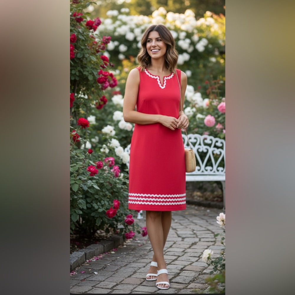Talbots Hot Pink Shift Dress Rickrack White Trim Size 12 EUC